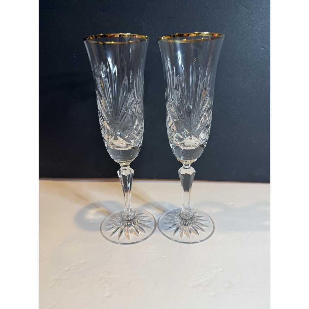 Rogaska Richmond Gold Trim Champagne Flutes Set of 2 Crystal 8.25" Slovenia - Picture 2 of 6